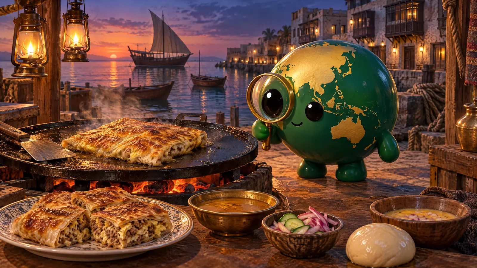 An illustration of the Backstory Asia globe mascot studying murtabak through its magnifying glass: a parcel of thin dough folded over its filling, frying golden and crisp on a flat iron griddle over charcoal, beside a plate of cut pieces filled with egg and minced meat, a bowl of curry, pickled onion with cucumber, a ball of dough and a bowl of beaten egg and onion, at a lantern-lit harbour stall at dusk, where a wooden trading ship with a triangular sail lies at anchor off a quay lined with old stone houses.
