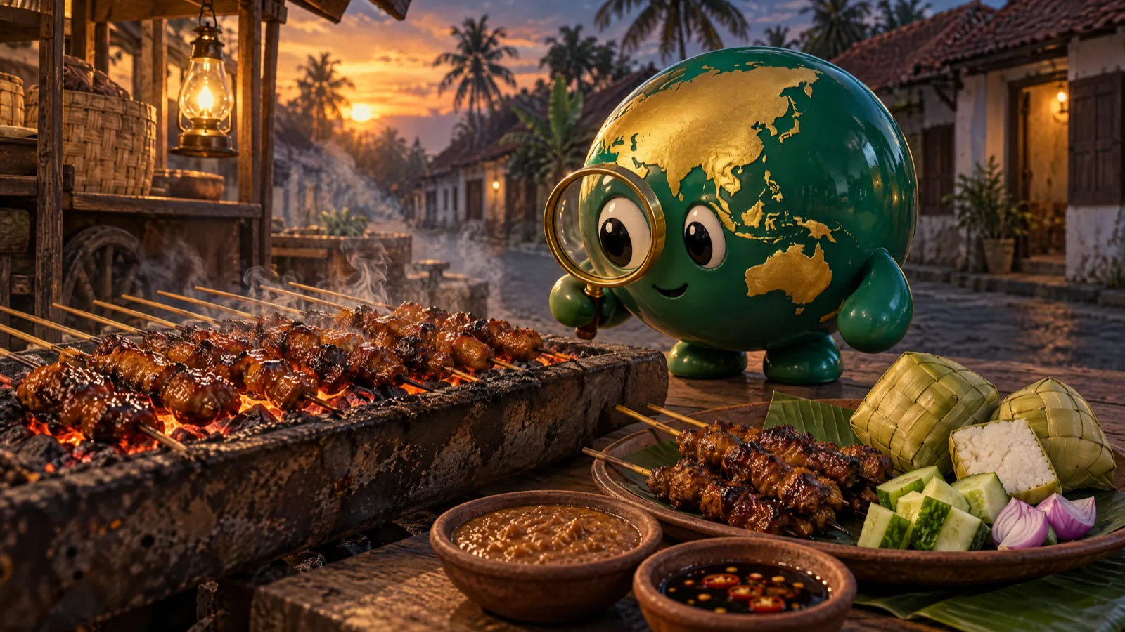 An illustration of the Backstory Asia globe mascot studying satay through its magnifying glass: thin bamboo skewers of glazed, charred meat grilling over glowing charcoal on a long, narrow brazier, beside a plate of cooked skewers, ketupat rice cakes, cucumber and raw red onion, and small dishes of peanut sauce and sweet soy with chilli, on a street in an old Javanese town at dusk.